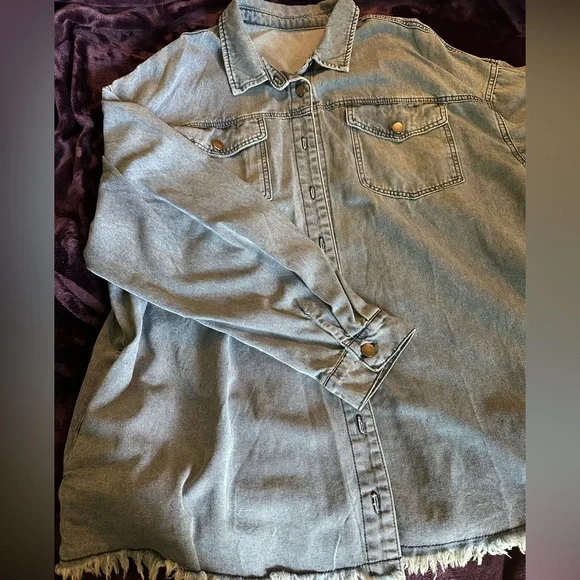 Denim Button-Up Shirt with Frayed Hem - Picture 2 of 12